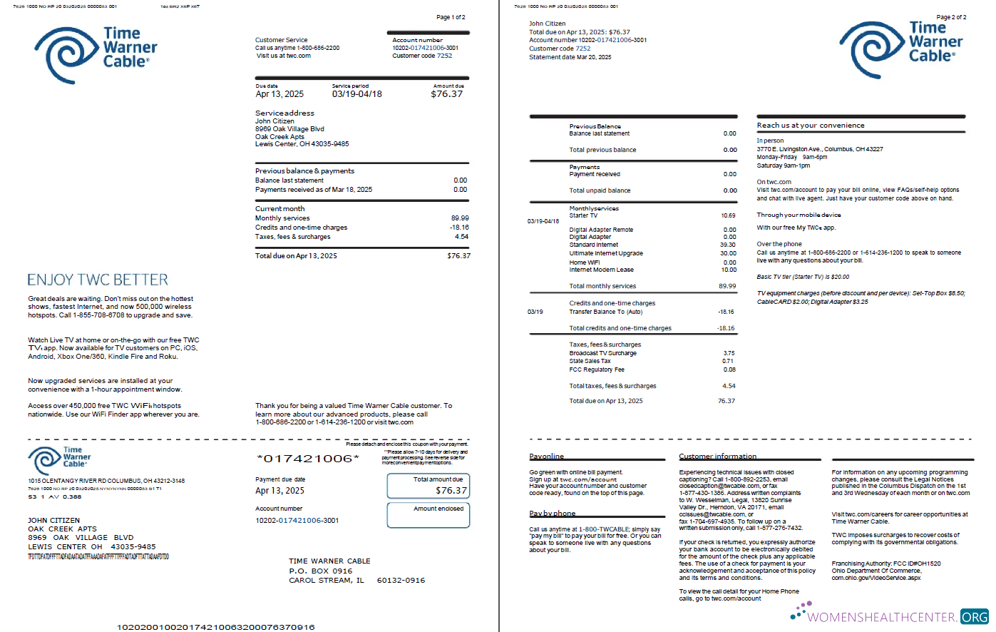 download USA Time Warner Cable utility bill template in Word and PDF formats, 2 pages PDF template